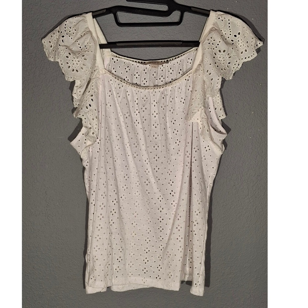 Loft Womens White Eyelet Flutter Ruffle Sleeve Blouse Square Neck Top XL